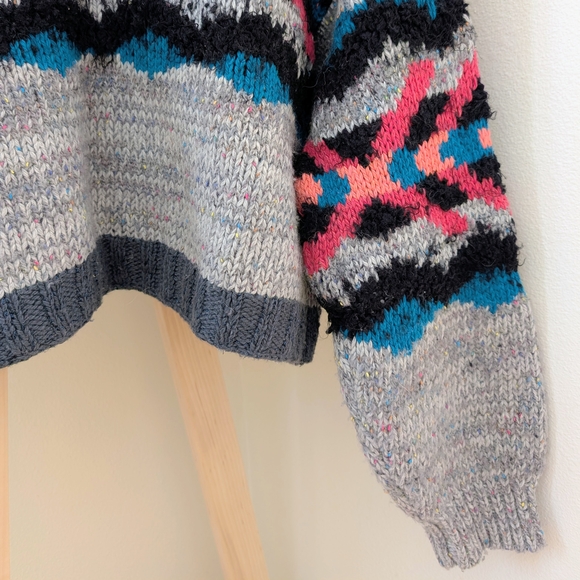Free People I Heart You Aztec Patterned Wool Blend Sweater In Gray/Pink - Picture 7 of 10
